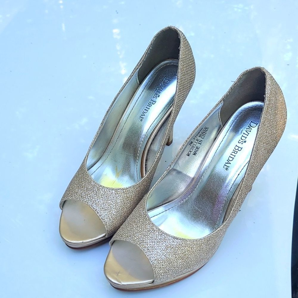 David's Bridal Gold Shimmering Open Toe Heels